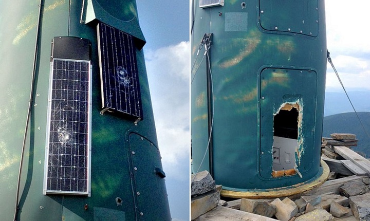 Photos show the damage done to the communications equipment on Thompson Mountain.