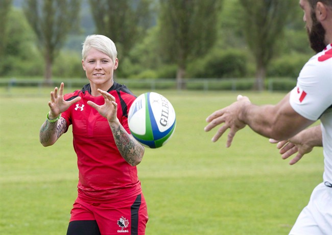 Rugby Canada team captain Jen Kish wears her new uniform at the team's practice facility in Burnaby, B.C. Tuesday, June, 3, 2014.