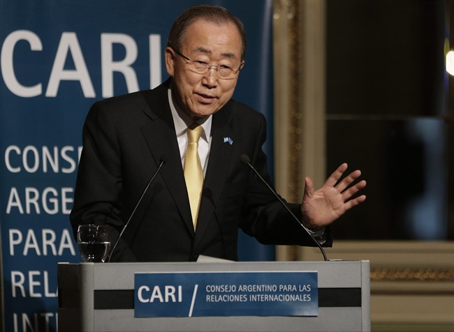 United Nations Secretary-General Ban Ki-moon talks during a conference at the Argentine Council for International Relations or CARI, in Buenos Aires, Argentina, Monday, Aug. 8, 2016.