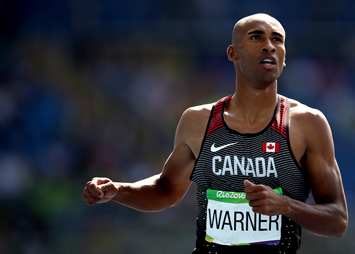 Canada’s Damian Warner reacts after competing in the men's decathlon 110m hurdles on Day 13 of the Rio 2016 Olympic Games at the Olympic Stadium on August 18, 2016 in Rio de Janeiro, Brazil.  