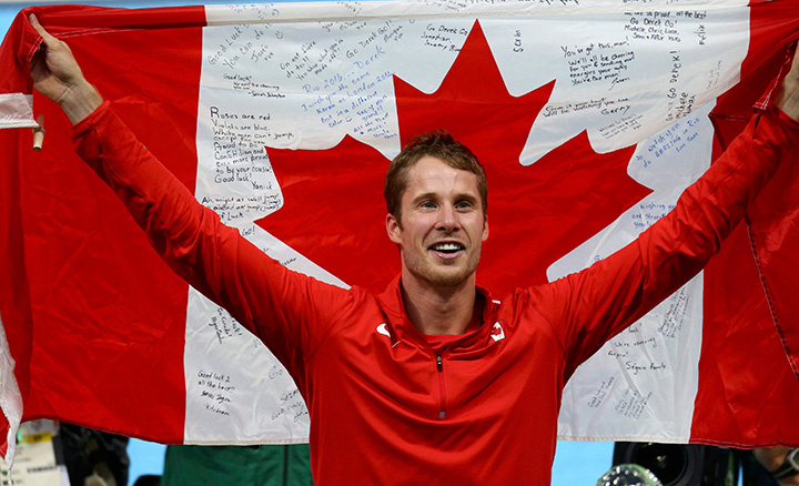 Canada’s Derek Drouin celebrates after winning the gold medal in the men’s high jump during the athletics competitions of the 2016 Summer Olympics at the Olympic stadium in Rio de Janeiro, Brazil, Tuesday, Aug. 16, 2016.