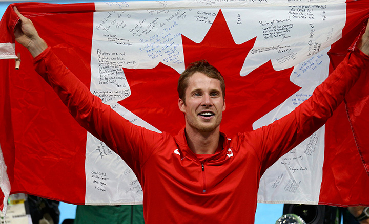 Canada's Derek Drouin celebrates after winning the gold medal in the men's high jump during the athletics competitions of the 2016 Summer Olympics at the Olympic stadium in Rio de Janeiro, Brazil, Tuesday, Aug. 16, 2016. 
