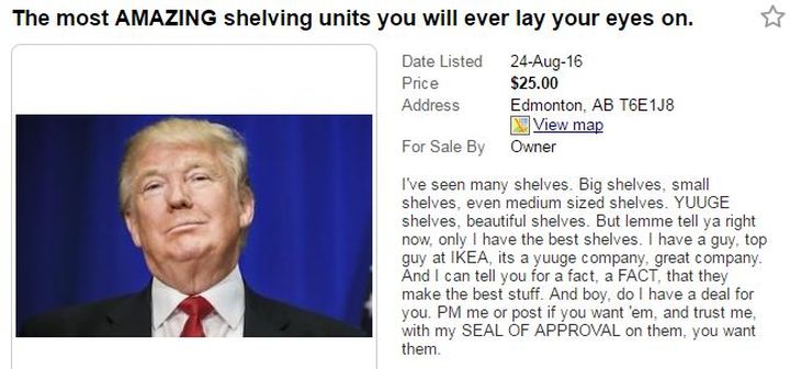 An Edmonton Kijiji user is using Donald Trump to try to sell furniture.