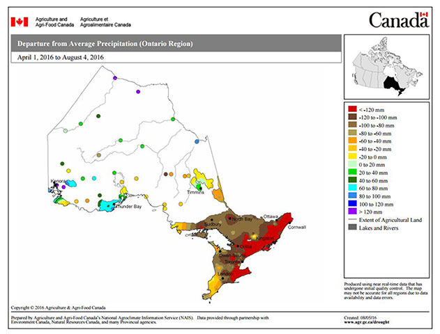 This image illustrates the difference from normal in precipitation across Ontario during the growing season.