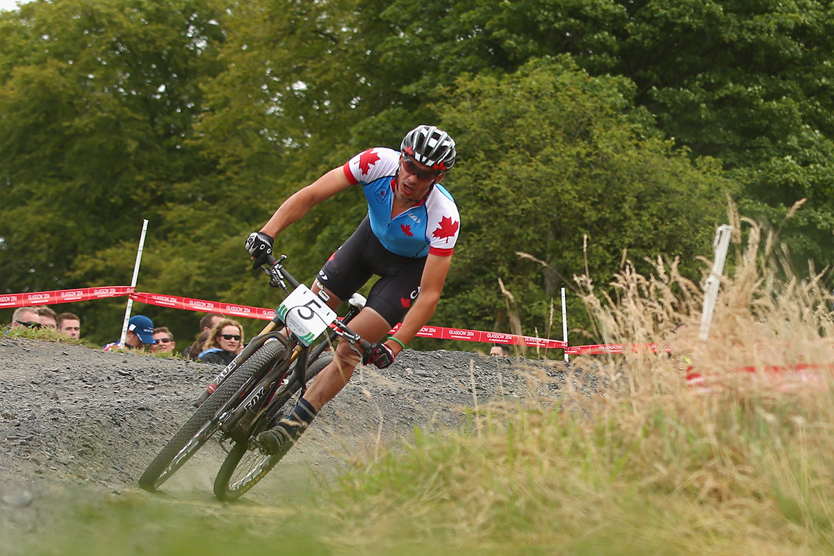 Raphael Gagne of Canada competes in the Men's Cross-country Mountain Biking at Cathkin Braes Mountain Bike Trails during day six of the Glasgow 2014 Commonwealth Games on July 29, 2014 in Glasgow, United Kingdom. 