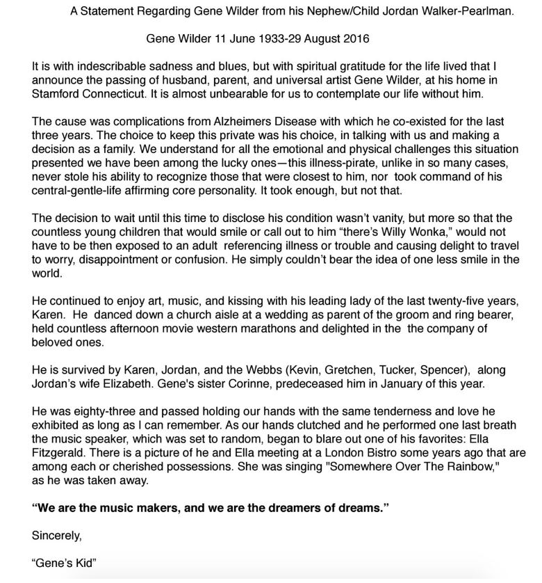 Gene Wilder's nephew's statement
