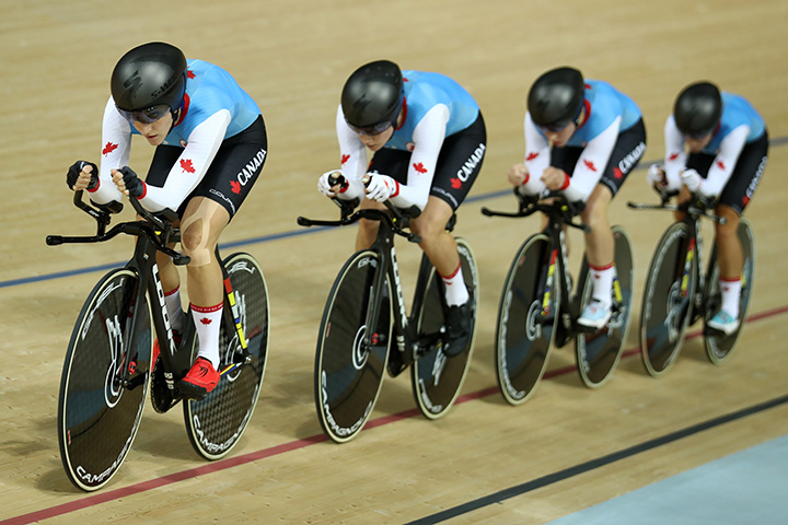 Allison Beveridge, Jasmin Glaesser, Kirsti Lay and Georgia Simmerling of Canada compete in the Women's Team Pursuit Track Cycling Qualifying on Day 6 of the 2016 Rio Olympics at Rio Olympic Velodrome on August 11, 2016 in Rio de Janeiro, Brazil.  