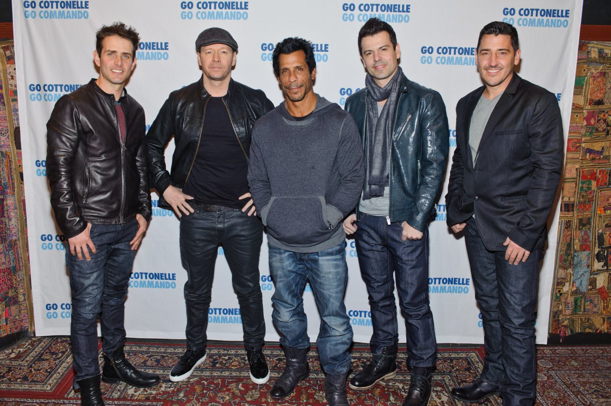  Joey McIntyre, Donnie Wahlberg, Jordan Knight, Danny Wood and Jonathan Knight of the band New Kids On The Block pose before their performance at Gramercy Theatre on February 15, 2015 in New York City.