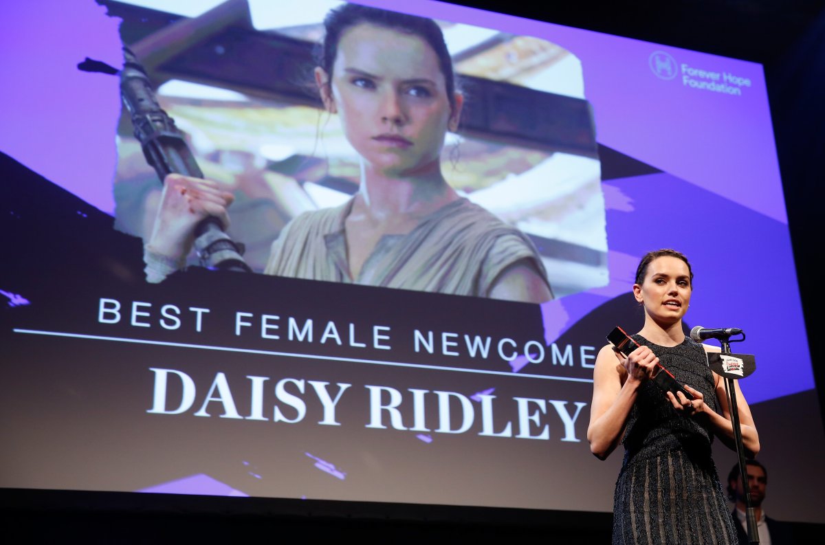 Daisy Ridley accepts the award for Best Female Newcomer on stage during the Jameson Empire Awards 2016 at The Grosvenor House Hotel on March 20, 2016 in London, England. 