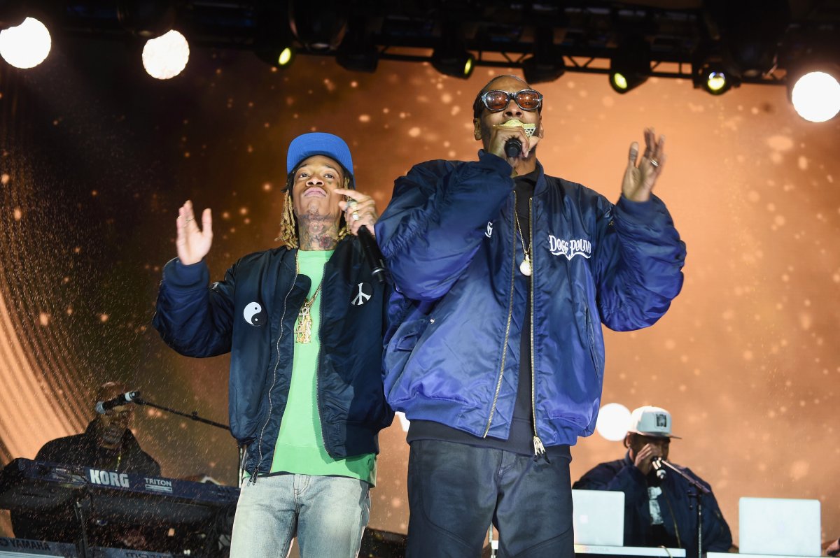 Wiz Khalifa and Snoop Dog perform onstage at the AOL NewFront 2016 at Seaport District NYC on May 3, 2016 in New York City.  