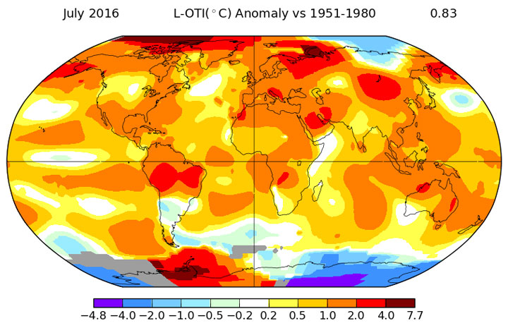 A map illustrating global temperature anomalies around the world for July 2016.