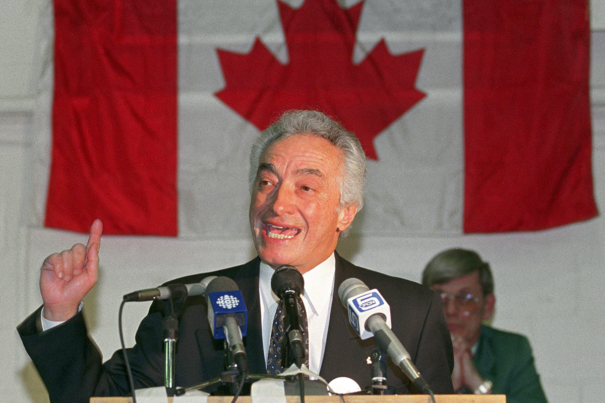 National Party Leader Mel Hurtig speaks during the Alberta launch of the National party in Calgary on Feb. 2, 1993.