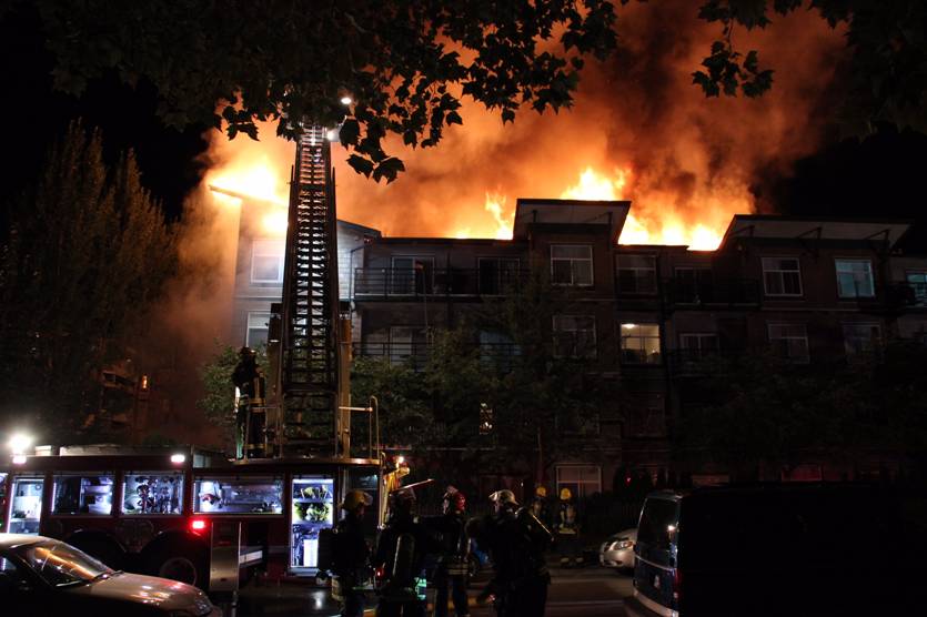 Nearly 100 people have been forced out of their homes, following a major fire at an apartment building in Surrey on Sunday Aug. 21, 2016. 