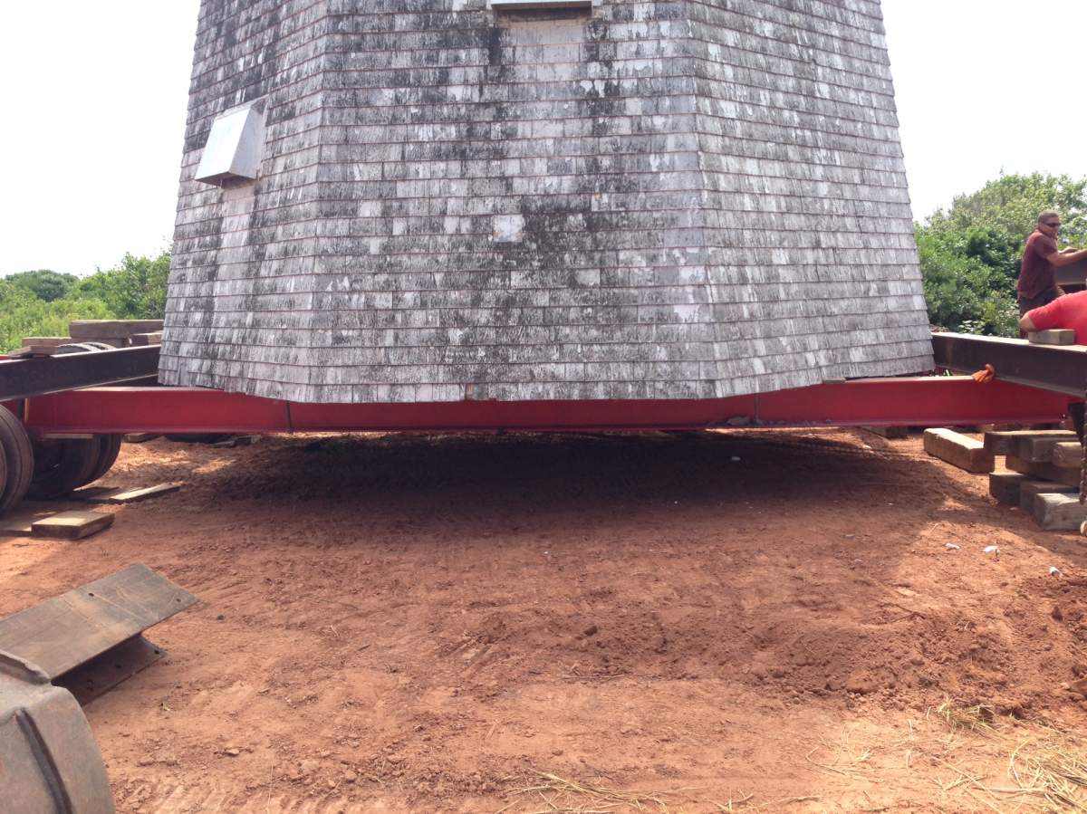 The Cape Jourimain lighthouse sits ready to be moved from the eroding cliff-side to a new foundation.