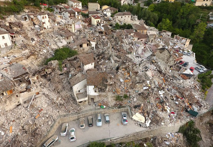 A drone photo shows the damages following an earthquake in Pescara del Tronto, central Italy, August 25, 2016.