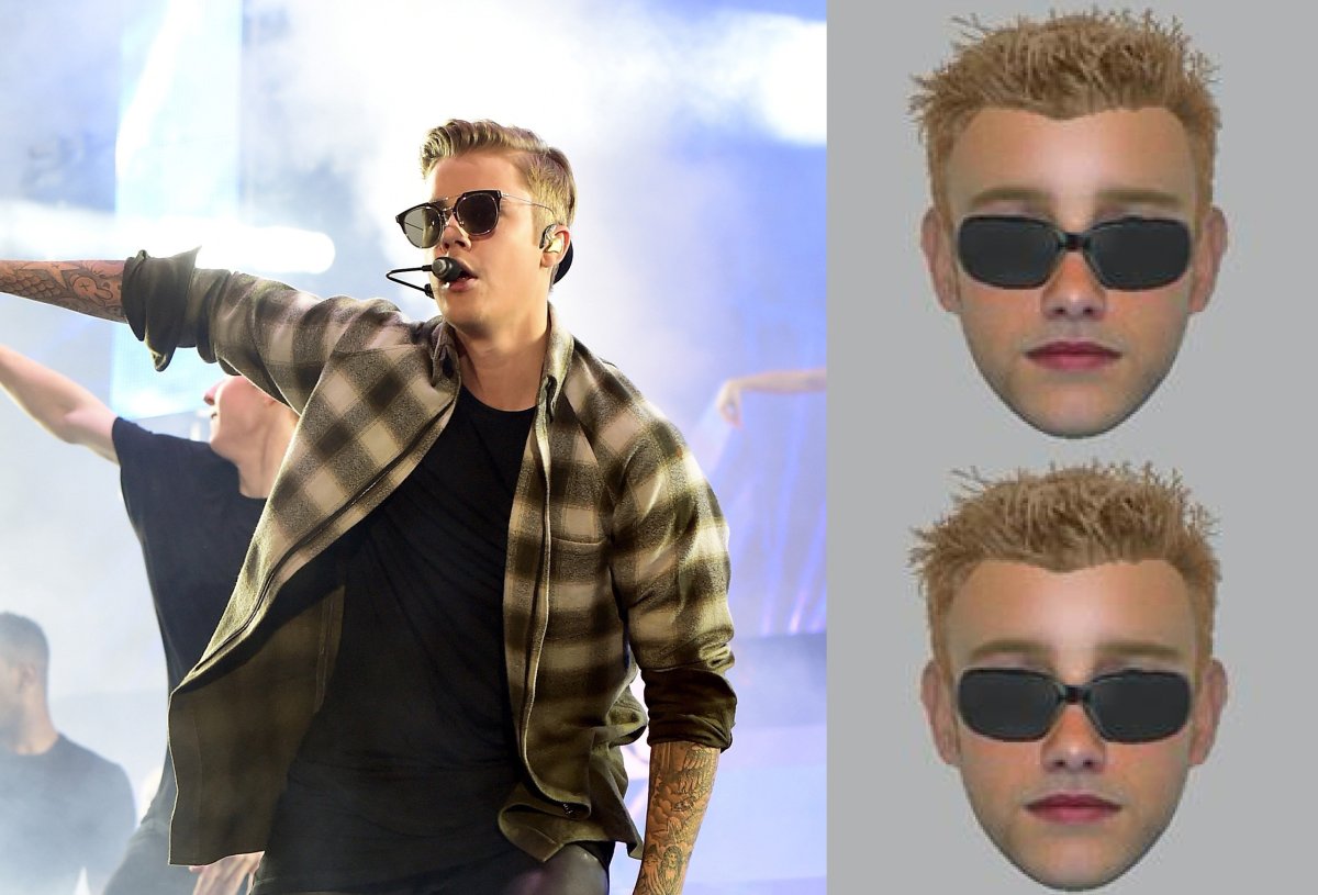 Police hunting two robbers released e-fits of the pair, with one looking very similar to Canadian pop star Justin Bieber.