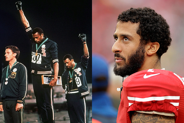 (Left) U.S. athletes Tommie Smith and John Carlos stare downward while extending gloved hands skyward during the playing of the “Star Spangled Banner” after Smith received the gold and Carlos the bronze for the 200m run at the Summer Olympic Games in Mexico City. (Right) San Francisco 49ers quarterback Colin Kaepernick pictured in a 2015 file photo.