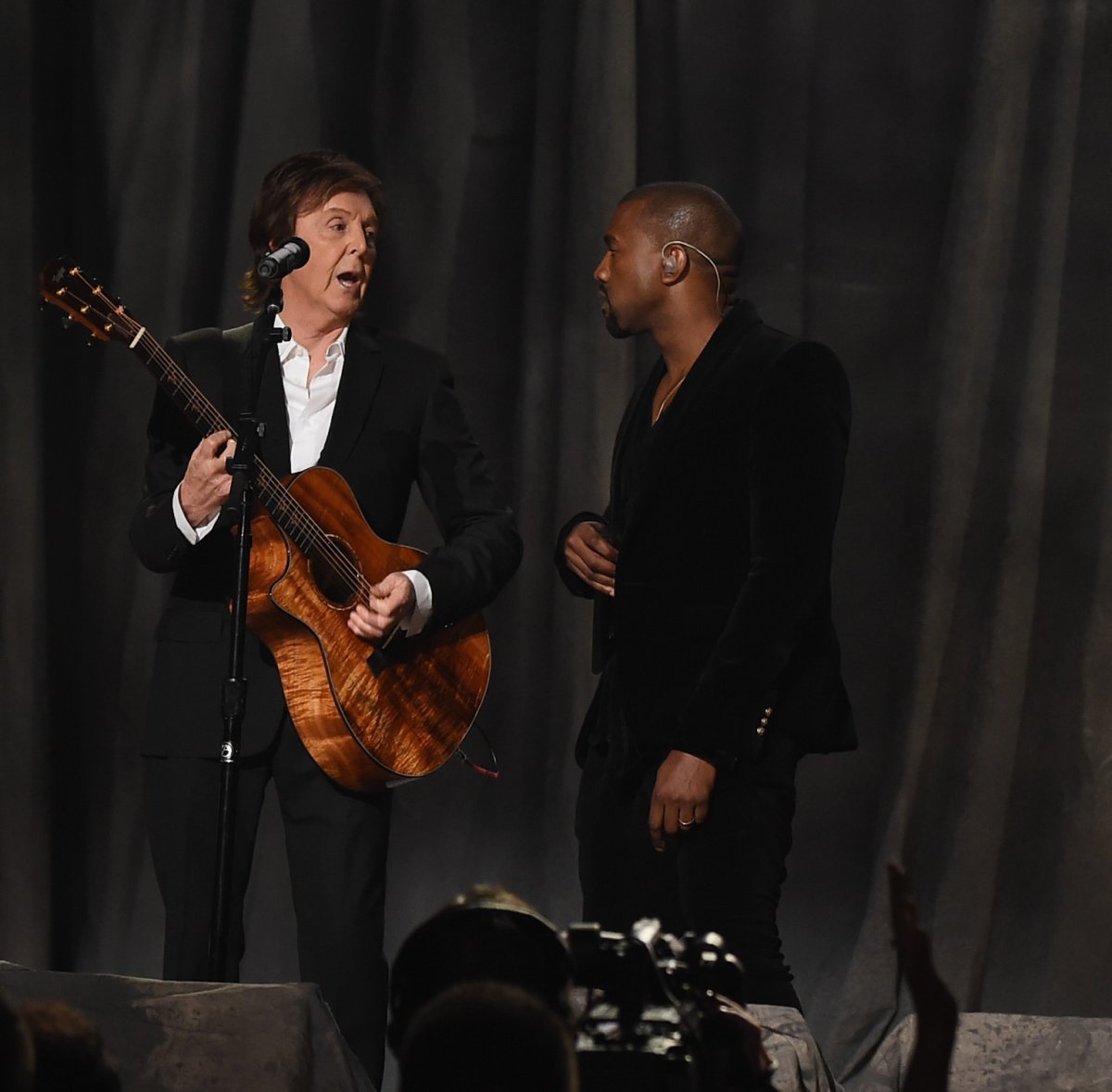 Musicians Paul McCartney, Rihanna and Kanye West perform onstage during The 57th Annual GRAMMY Awards at the STAPLES Center on February 8, 2015 in Los Angeles, California. 