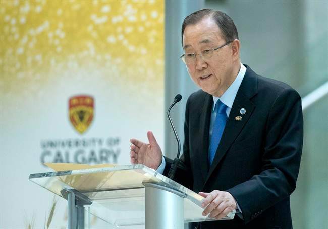 UN Secretary-General Ban Ki-moon speaks to University of Calgary students on International Youth Day in Calgary, Alta., on Friday, August 12, 2016. 