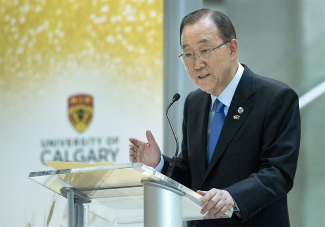 UN Secretary-General Ban Ki-moon speaks to University of Calgary students on International Youth Day in Calgary, Alta., on Friday, August 12, 2016. 