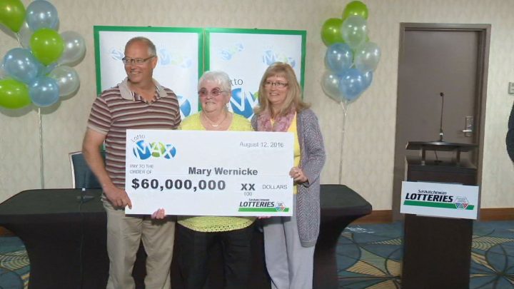 Mary Wernicke of Neville, Sask. won $60 million on a Lotto Max ticket. The win sets a new record for the biggest lottery prize ever won in Saskatchewan.