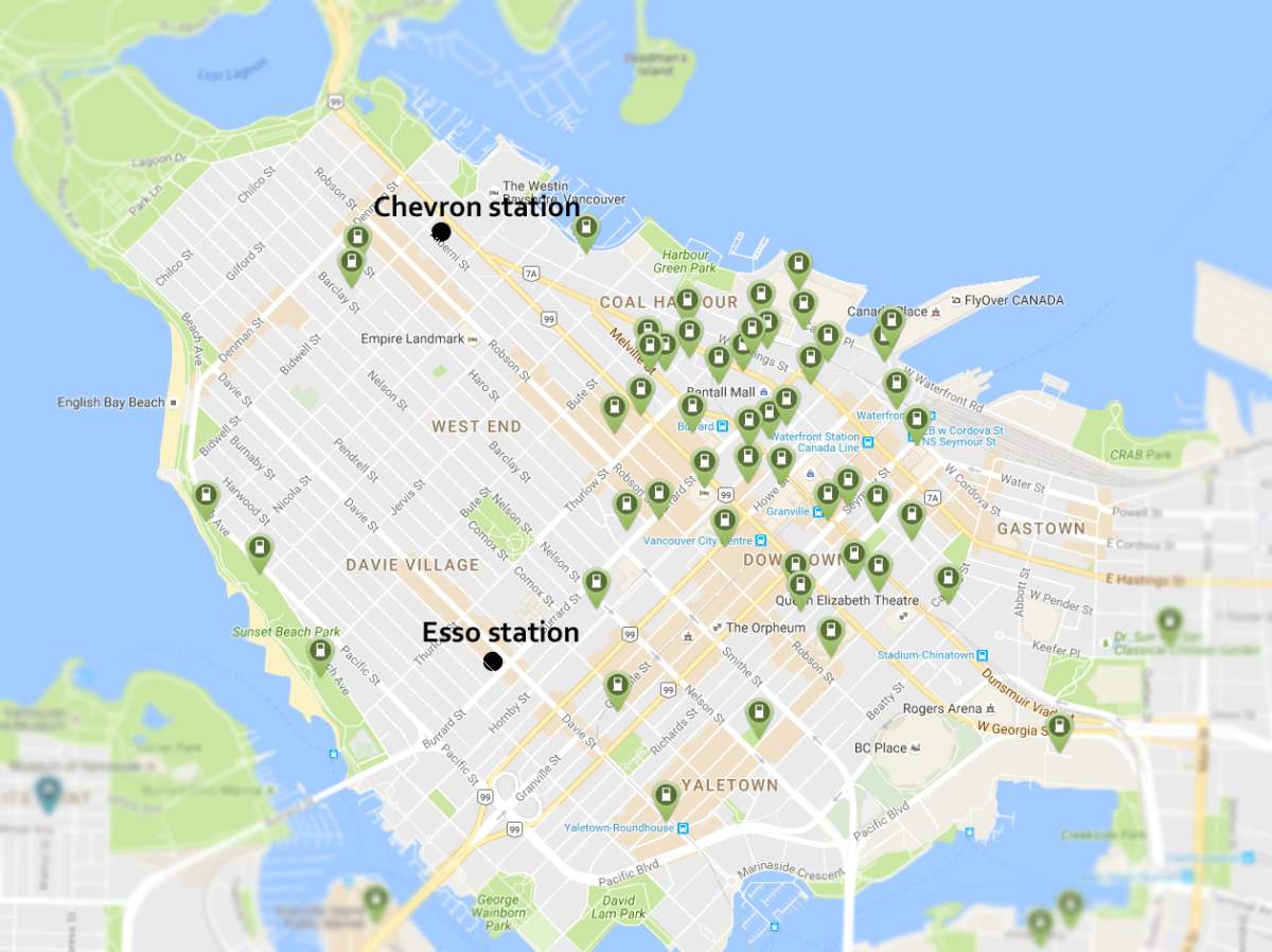 A map of electric vehicle charging stations compared to the number of gas stations in downtown Vancouver. Image: Plug Share / Global News