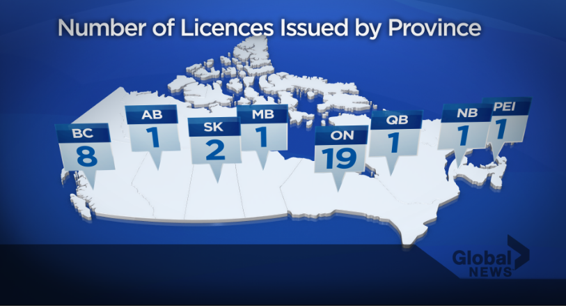 A map showing all licenses issued by Health Canada under the Marihuana for Medical Purposes Regulations (MMPR).