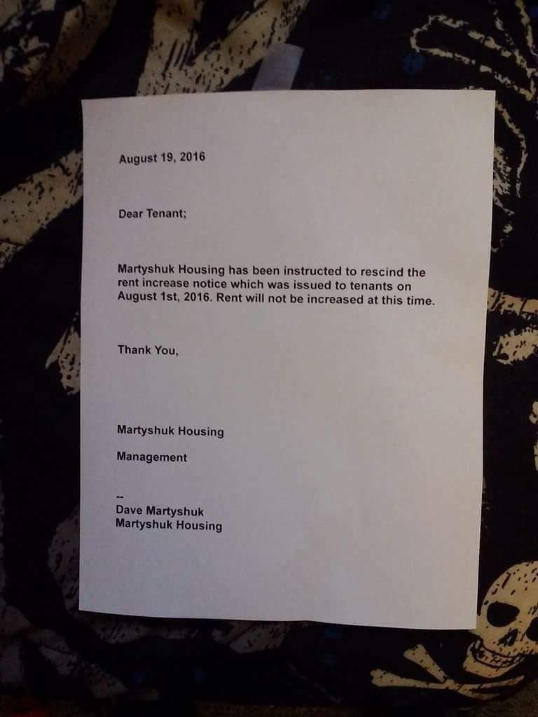 People who live in the MacDonald Lofts building in the area of 101 Street and 105 Avenue received a letter from the manager Friday stating Martyshuk Housing has been instructed to rescind the rent increase notice that was issued to tenants on Aug. 1.