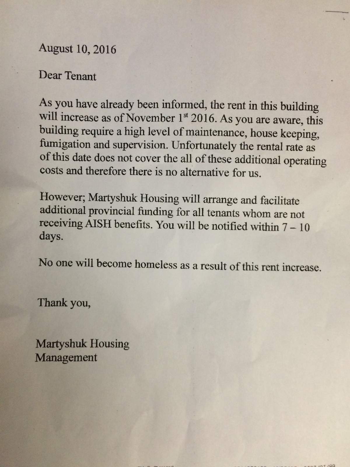 Letter delivered to tenants of MacDonald Lofts from management company.