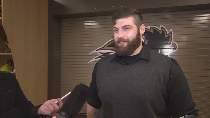 Offensive lineman Alex McKay meets with the media after being drafted by the Saskatchewan Roughriders.