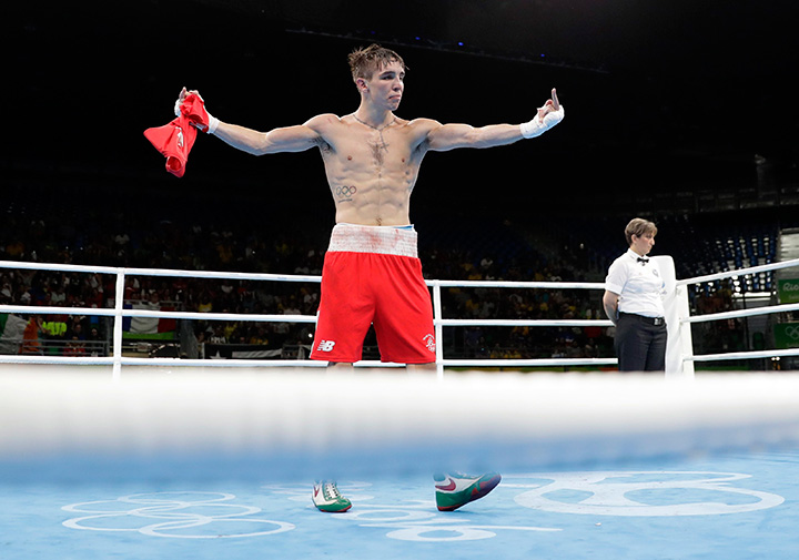 Ireland's Michael John Conlan gestures after losing a men's bantamweight 56-kg quarterfinals boxing match by a decision against Russia's Vladimir Nikitin at the 2016 Summer Olympics in Rio de Janeiro, Brazil, Tuesday, Aug. 16, 2016. 