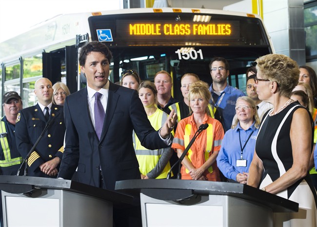 Prime Minister Justin Trudeau, left, makes an announcement with Ontario Premier Kathleen Wynne regarding new funding for transit in Barrie, Ont., on Tuesday, August 23, 2016. 