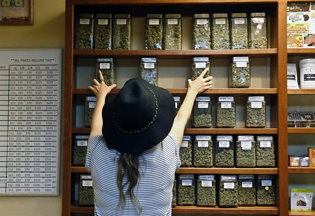 In this Thursday, Aug. 11, 2016 file photo, an employee arranges glass display containers of marijuana on shelves at a retail and medical cannabis dispensary in Boulder, Colo. 