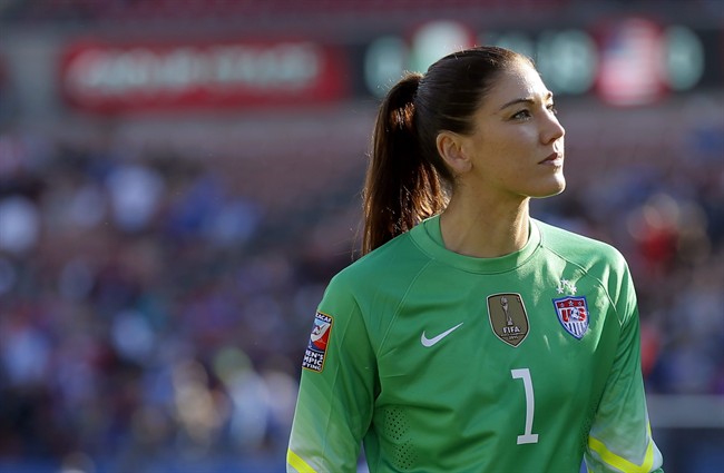  In this Feb. 13, 2016, file photo, United States goalie Hope Solo walks off the field at half time of a CONCACAF Olympic qualifying tournament soccer match. 
