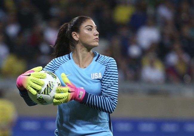 - In this Aug. 3, 2016, file photo, U.S. goalkeeper Hope Solo takes the ball during a women's Olympic football tournament match against New Zealand in Belo Horizonte, Brazil.