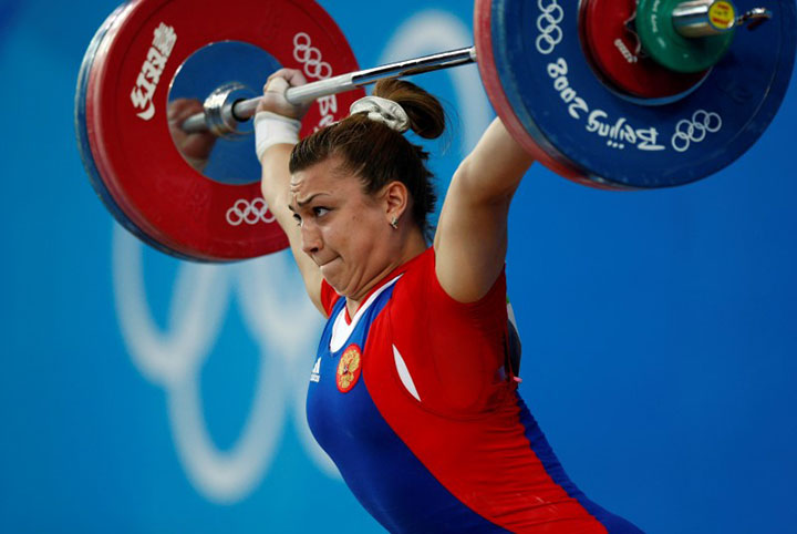 Nadezda Evstyukhina of Russia competes in the women's 75kg Group A weightlifting snatch competition at the Beijing 2008 Olympic Games August 15, 2008. 