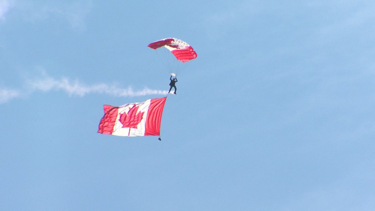 Skyhawks parachuting during anthem at t Atlantic Canada Air Show in 2016. 