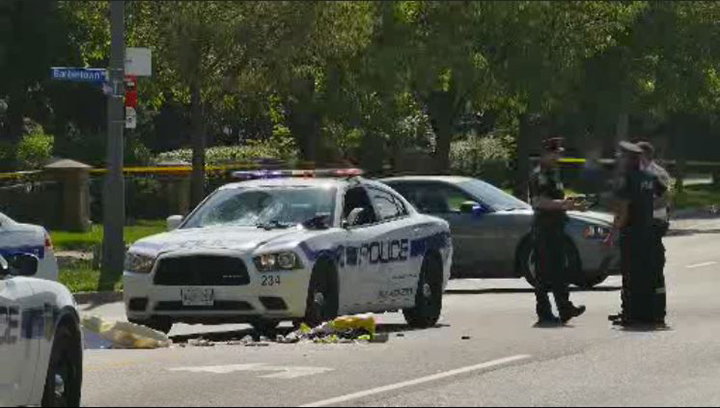 A Peel Regional Police officer was taken to hospital after he was struck by a police cruiser on Sunday.