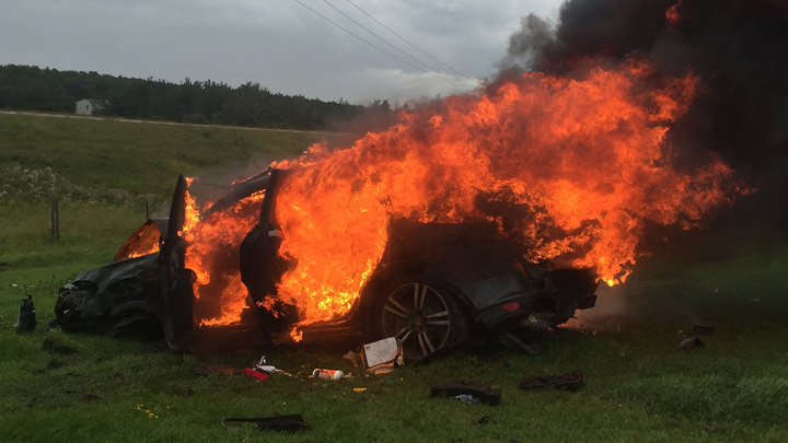 Police arrive at collision on Highway 303 near Lloydminster, Sask., to find a Porsche on fire and Good Samaritans robbed of their truck.