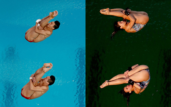 In this combination of file photos, China's Lin Yue, bottom left, and Chen Aisen compete during the men's synchronized 10m platform diving final on Monday, Aug. 8, 2016, and Brazil's Ingrid Oliveira and Giovanna Pedroso, at right, compete during the women's synchronized 10m platform diving final on Tuesday, Aug. 9, in the Maria Lenk Aquatic Center at the 2016 Summer Olympics in Rio de Janeiro, Brazil. 