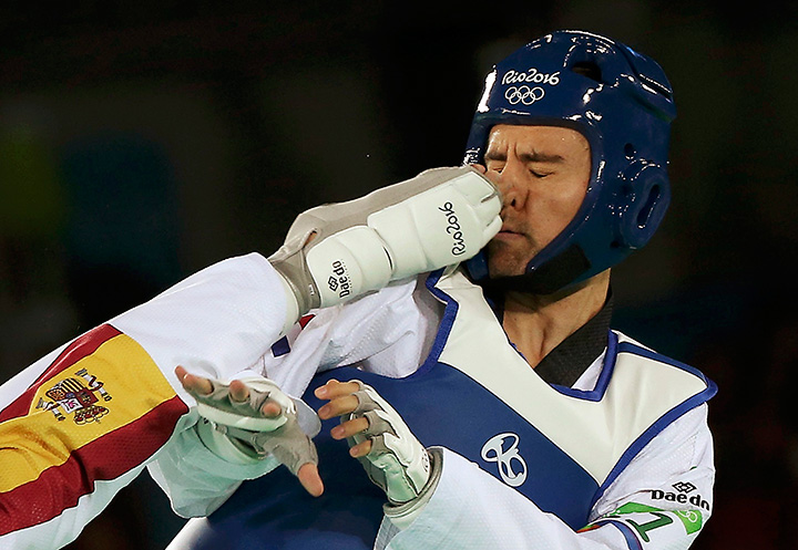 Filip Grgic of Croatia competes during the men’s Taekwondo 68kg preliminary round on August 18, 2016.