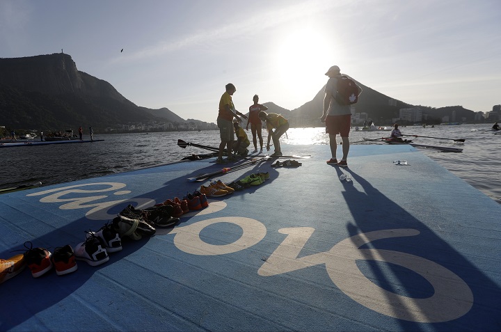 Canada rowers return to shore after practice during the 2016 Summer Olympics in Rio de Janeiro, Brazil, Sunday, Aug. 7, 2016. 