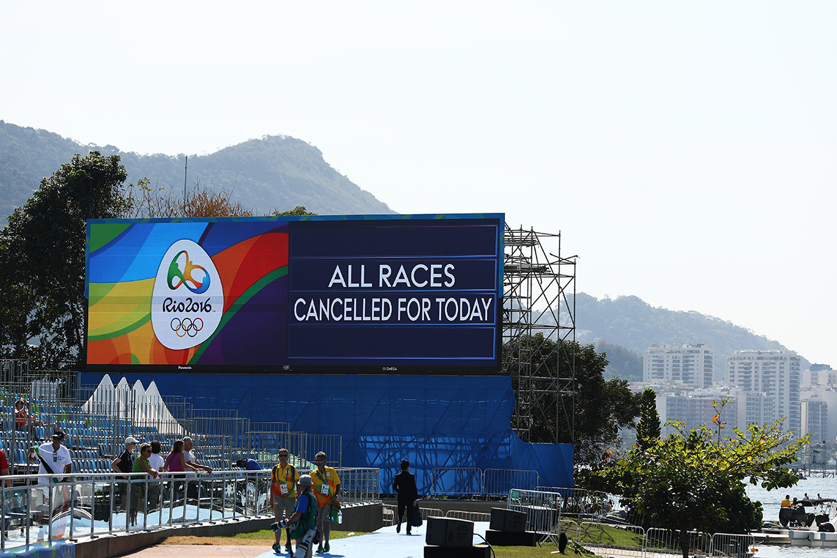 Racing is cancelled for the day at the Lagoa Stadium on Day 2 of the Rio 2016 Olympic Games on August 7, 2016 in Rio de Janeiro, Brazil. 