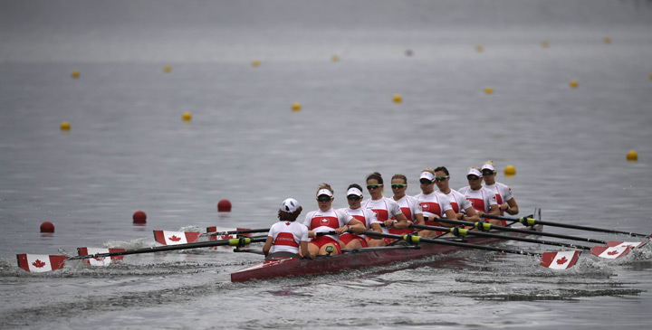 Canada’s Cristy Nurse, Russia’s Kseniia Volkova, Canada’s Lisa Roman, Canada’s Antje Von Seydlitz-Kurzbach, Canada’s Christine Roper, Canada’s Lauren Wilkinson, Canada’s Susanne Grainger, Canada’s Natalie Mastracci, Canada’s Caileigh Filmer and Canada’s Lesley Thompson-Willie row during the Women’s Eight rowing competition at the Lagoa stadium during the Rio 2016 Olympic Games in Rio de Janeiro on August 8, 2016.