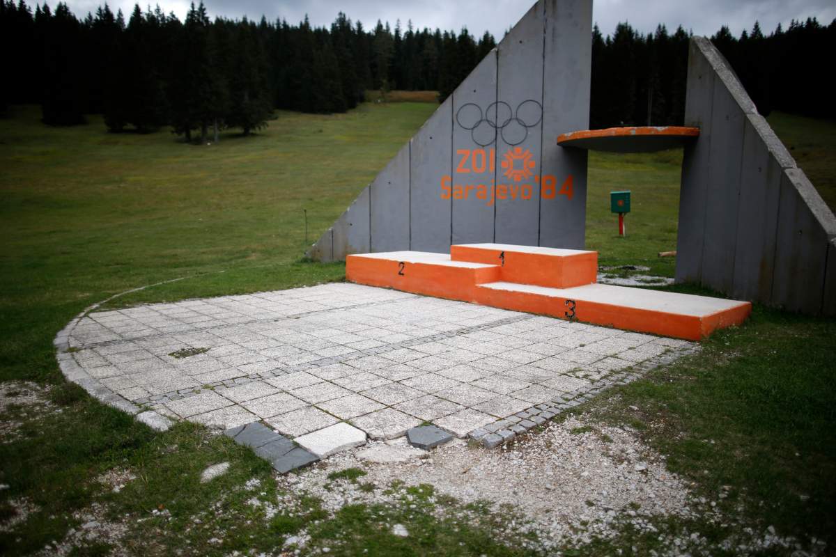 A view of the derelict medals podium at the disused ski jump from the Sarajevo 1984 Winter Olympics on Mount Igman, near Sarajevo September 19, 2013. REUTERS/Dado Ruvic