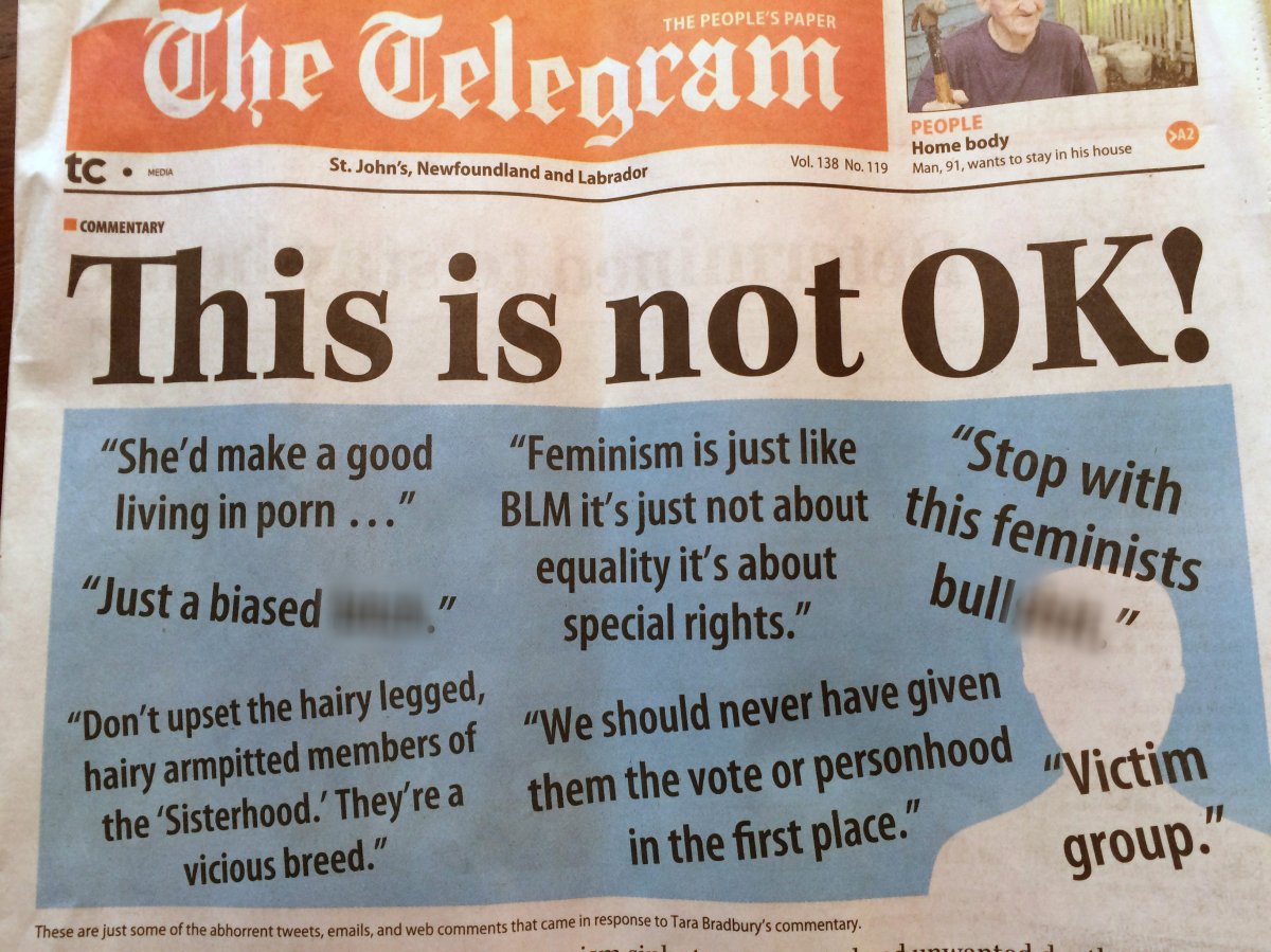 The front page of the St. John's Telegram is shown in St. John's on Friday, August 26, 2016. The St. John's Telegram - which calls itself the People's Paper - used its front page Friday to blast what it says is "a huge lack of respect" for female journalists and women in general.Managing Editor Steve Bartlett used the headline "This is not OK!" for his response to an uproar over the last several days. 