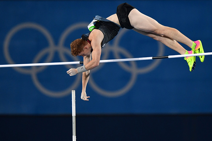 Canada's Shawn Barber competes in the men's pole vault final during the athletics event at the Rio 2016 Olympic Games at the Olympic Stadium in Rio de Janeiro on August 15, 2016.  