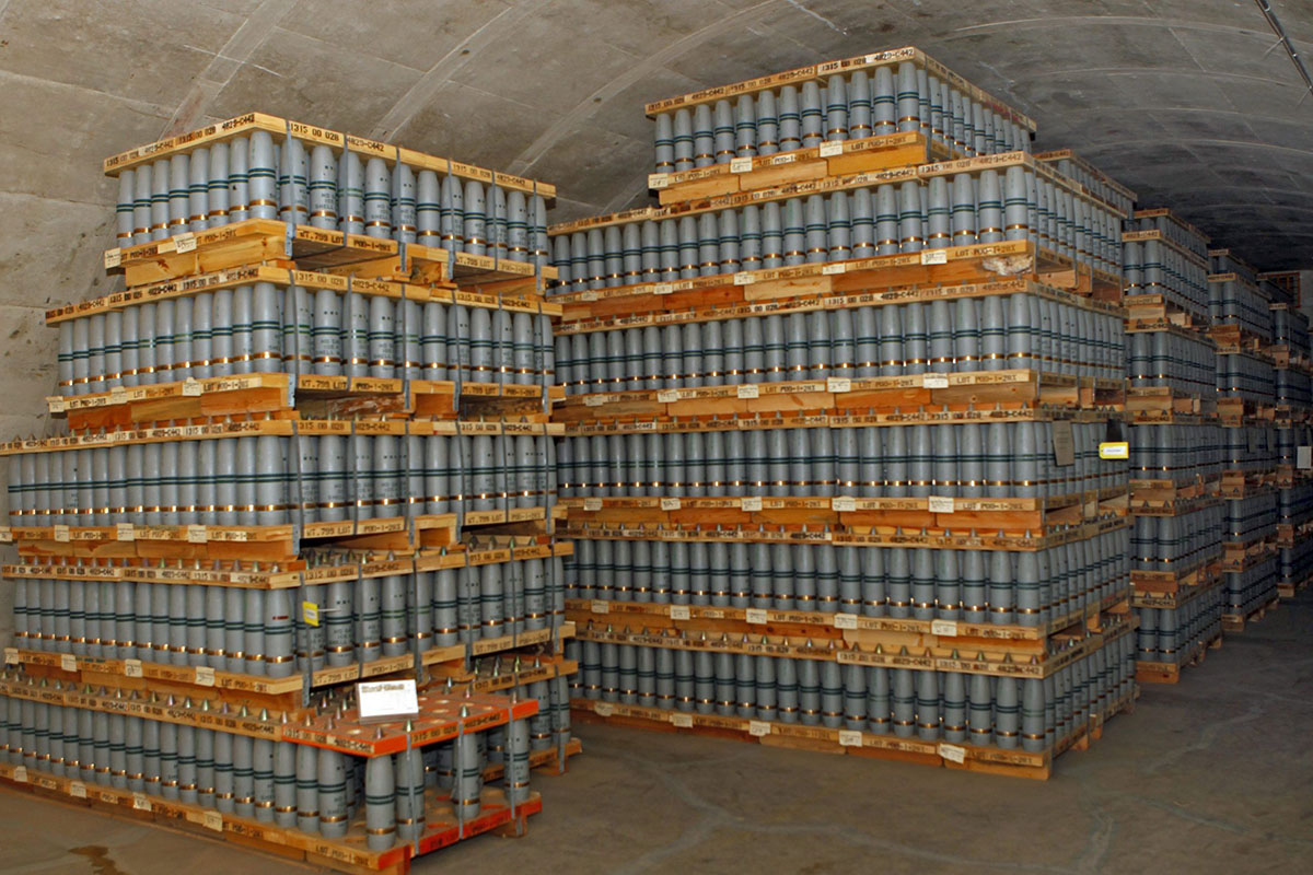 This photo taken on Thursday, Jan. 21 at the Army's Pueblo Chemical Storage facility near Pueblo, Colo., shows over 6,500 rounds of 105mm shells containing mustard agent stored in a bunker. 