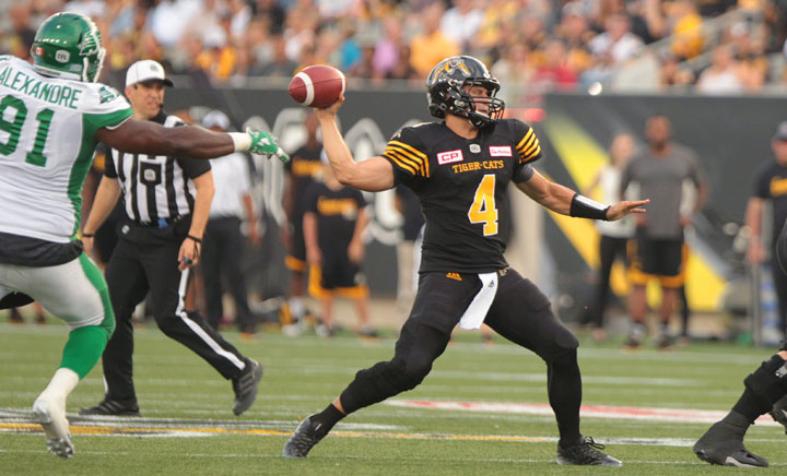 Ticats' quarterback Zach Collaros throws a pass during first quarter CFL action in Hamilton on Saturday, August 20th, 2016. (CFL PHOTO - Dave Chidley)