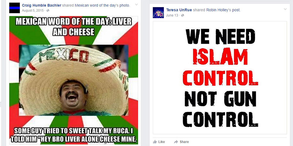 This combo shows two examples of some of the social media postings by Trump campaign staff members discovered by the Associated Press in an online search.